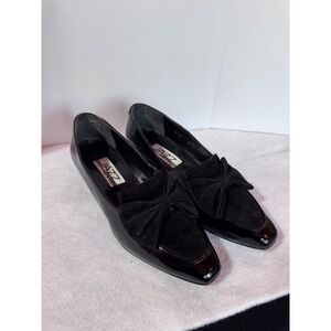 Jazz Made in Spain Vintage Black Patent Leather Suede Bow Loafer Wedge Heel 6.5M